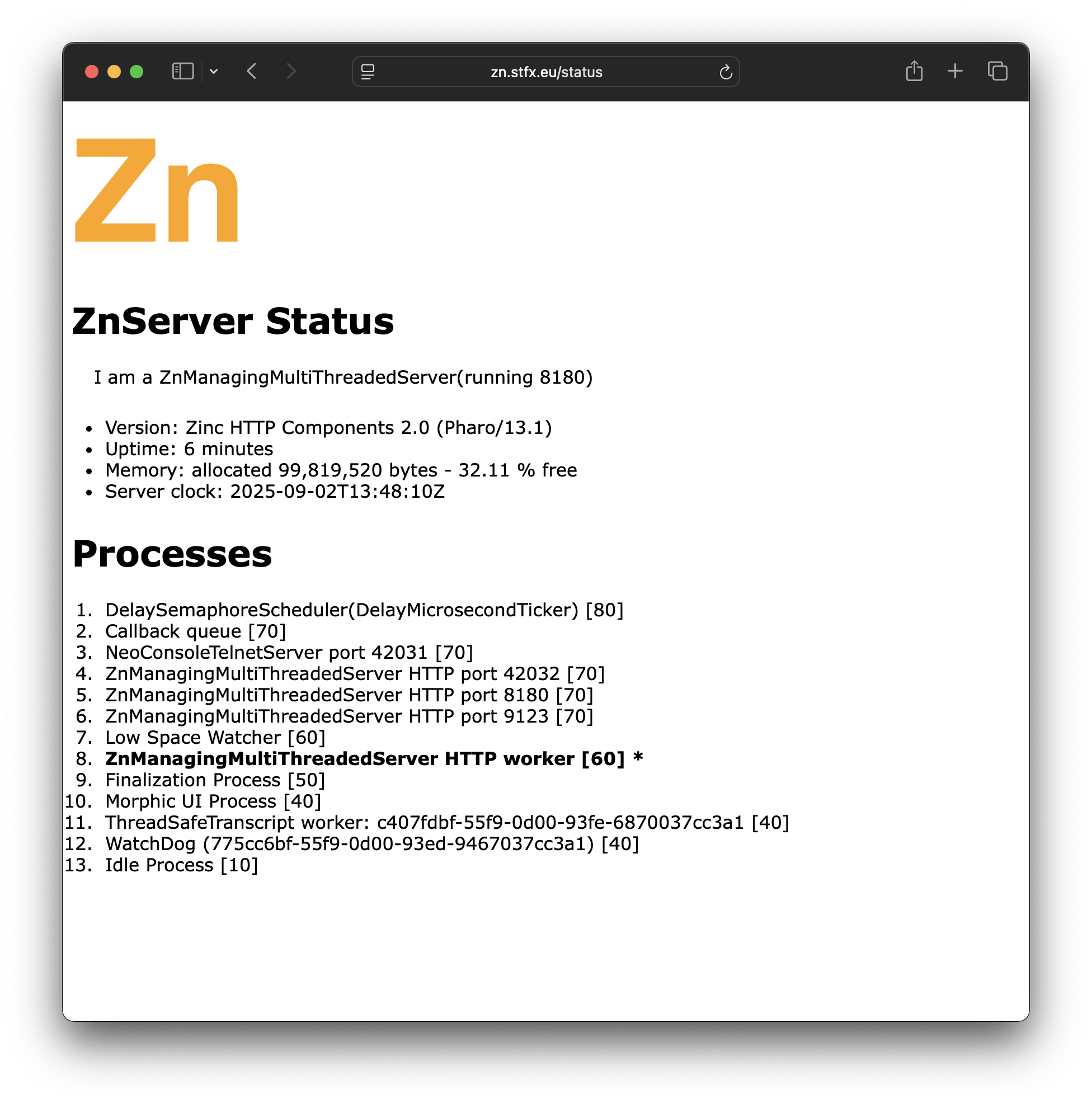 the new zinc server demo status page