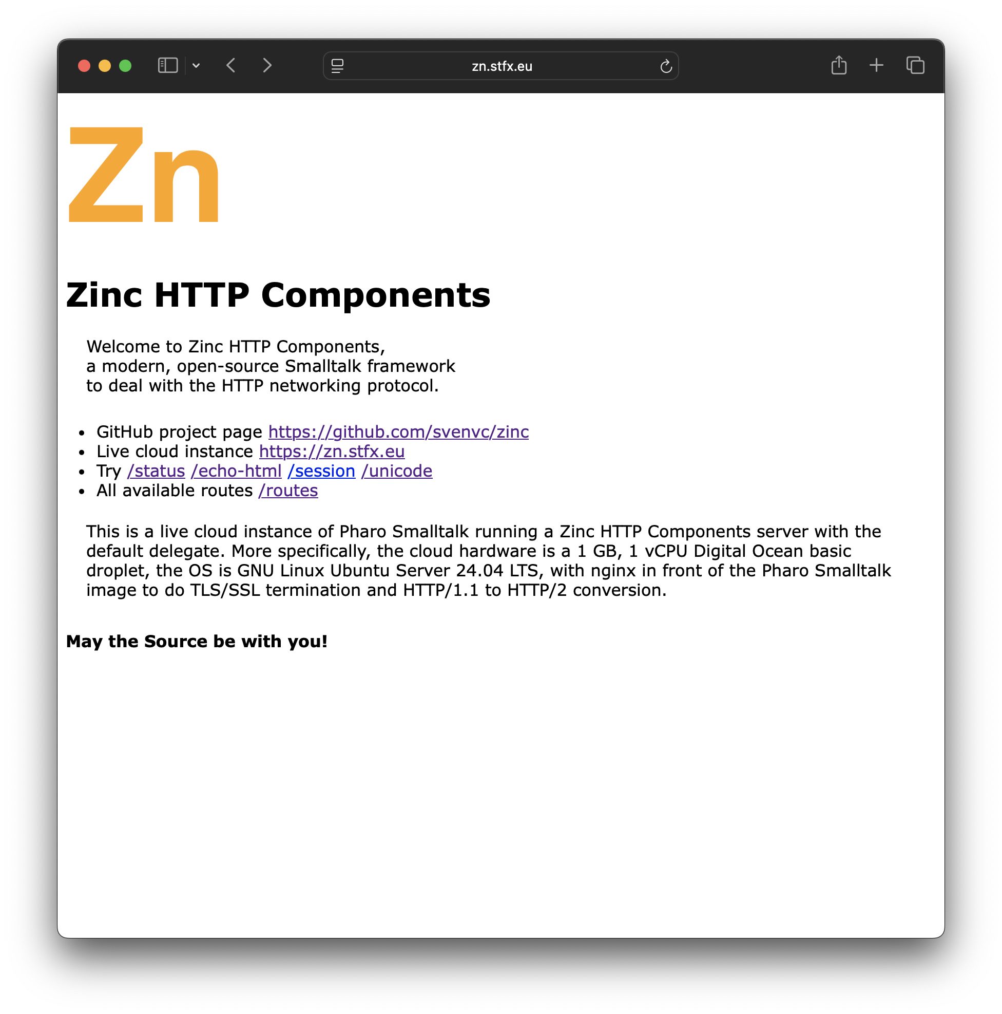 the new zinc server demo welcome page