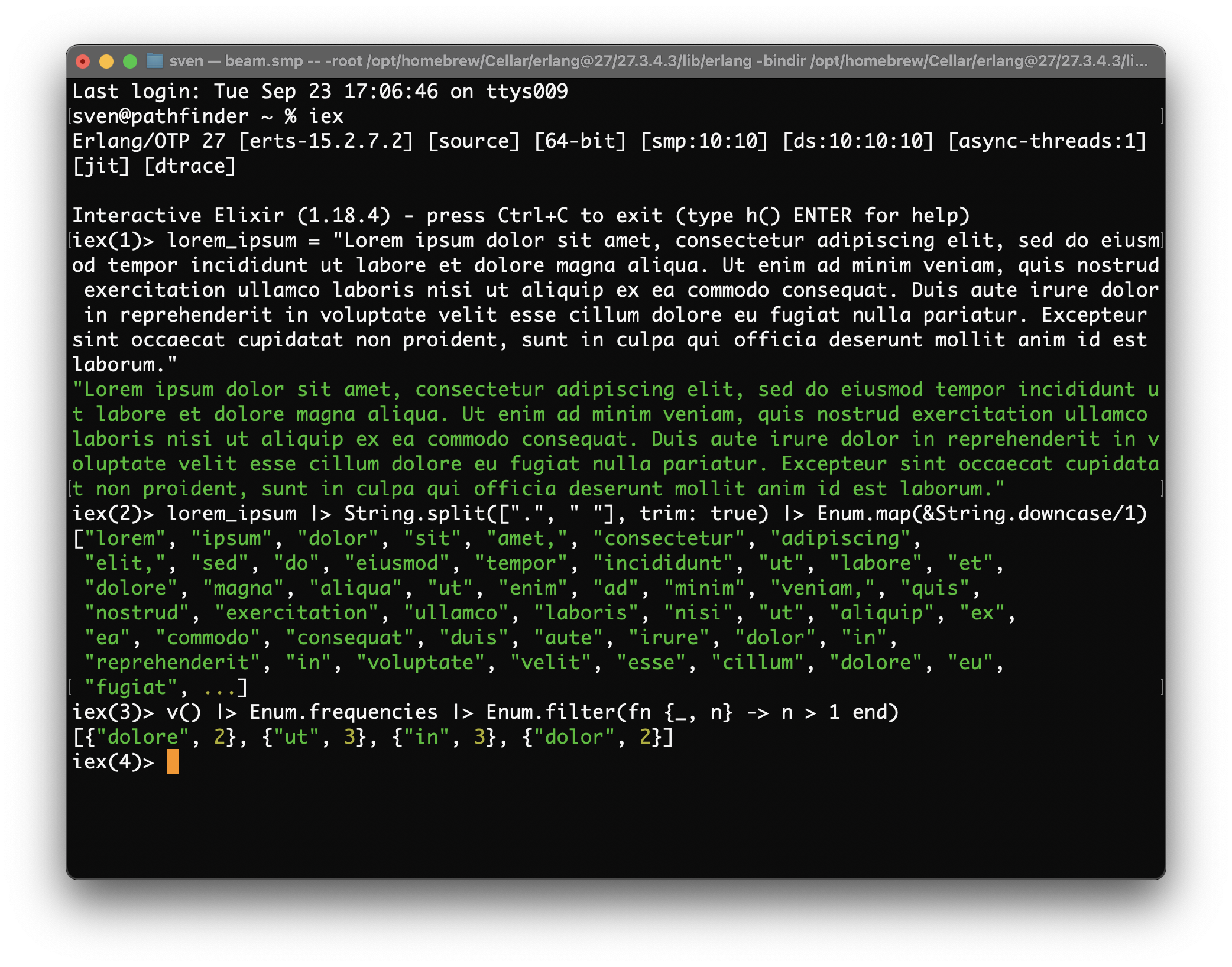 The Lorem Ipsum example iex session